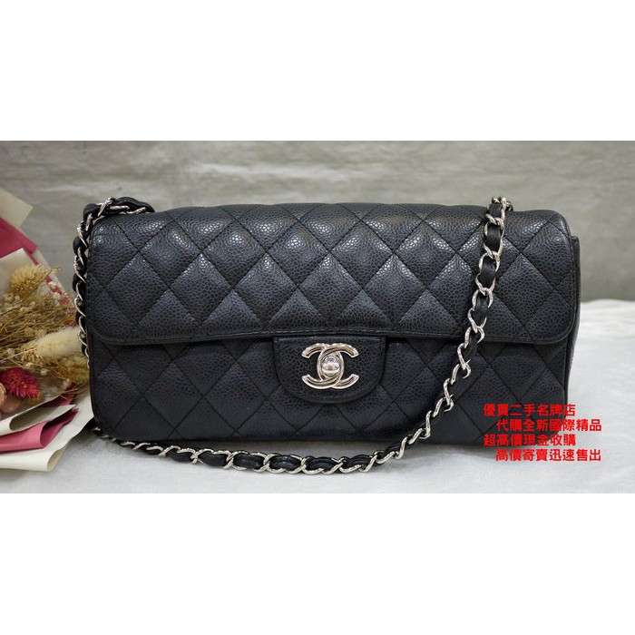 優買二手精品名牌店 CHANEL A28598 黑 荔枝皮 銀鍊 單蓋 COCO 25 25.5  肩背包 兩用包