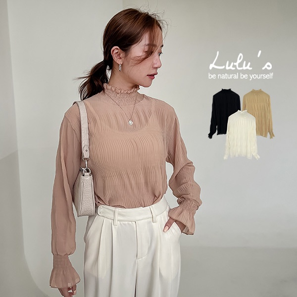 LULUS【A01220055】/透膚波紋立領長袖上衣３色0210