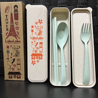 【Labo Labo】東京限定插畫款環保餐具組 天然小麥桿 三件組 筷湯匙叉子組合附收納盒隨身旅行便攜式便當盒上班族學生