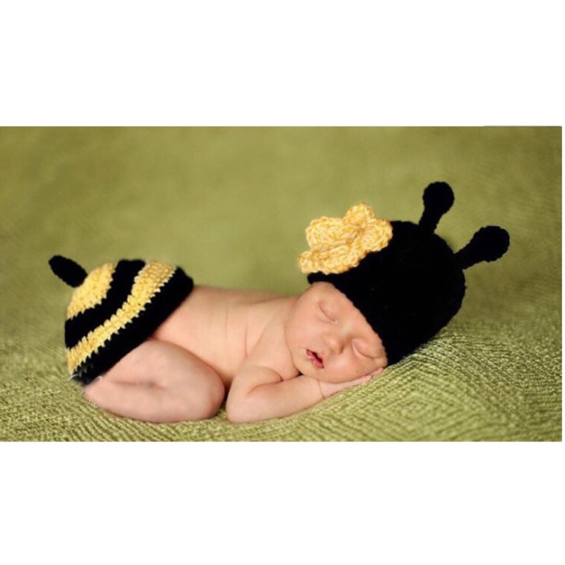 台灣 現貨 帽子 手工帽  滿月照攝影服 蜜蜂 造型 嬰兒 毛線帽 幼兒 拍照帽 帽子+褲子