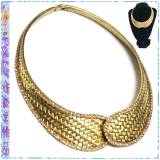 ☆POLLY媽☆歐美進口collar Necklace香檳鑽滾邊編織紋金色金屬領片形頸鍊