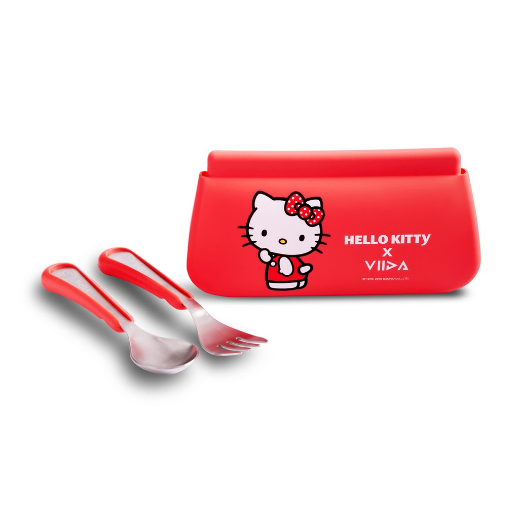 VIIDA x Hello Kitty 大童外出組 兒童叉匙組/學習餐具/兒童餐具/兒童餐具收納/餐具收納/矽膠收納袋