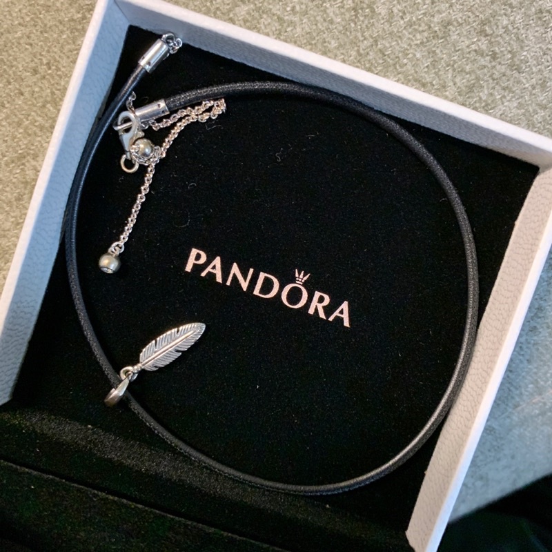 潘朵拉 Pandora 絕版正品 黑色皮繩羽毛墜飾項鍊