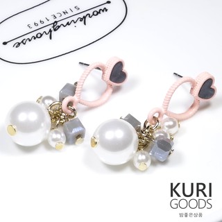 [KuriGoods] 甜蜜可人珍珠愛心垂墜耳環 (粉紅) #韓國空運