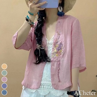 【ACheter】 夏季民族風盤扣V領棉麻刺繡罩衫# 112460