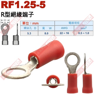RF1.25-5 R型絕緣端子 螺絲孔5.3mm AWG22-16/DIN 0.5-1.0mm²