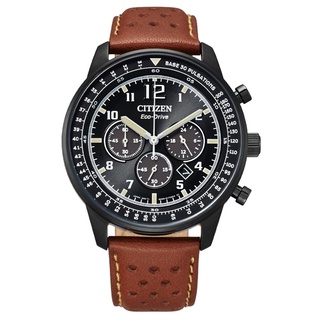 Citizen 星辰錶 全黑框咖啡色皮革光動能男錶 CA4505-12E 錶徑43MM