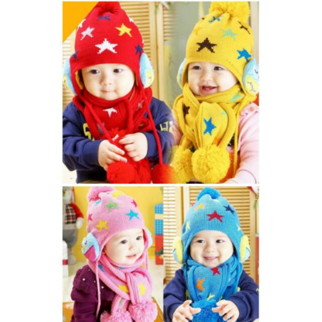 ✿全新 中性 男女寶寶 兒童 毛球帽 針織毛線 星星圖案 貓頭鷹耳罩造型帽 毛球護耳帽+圍巾組  紅/黃/粉/藍 4色✿