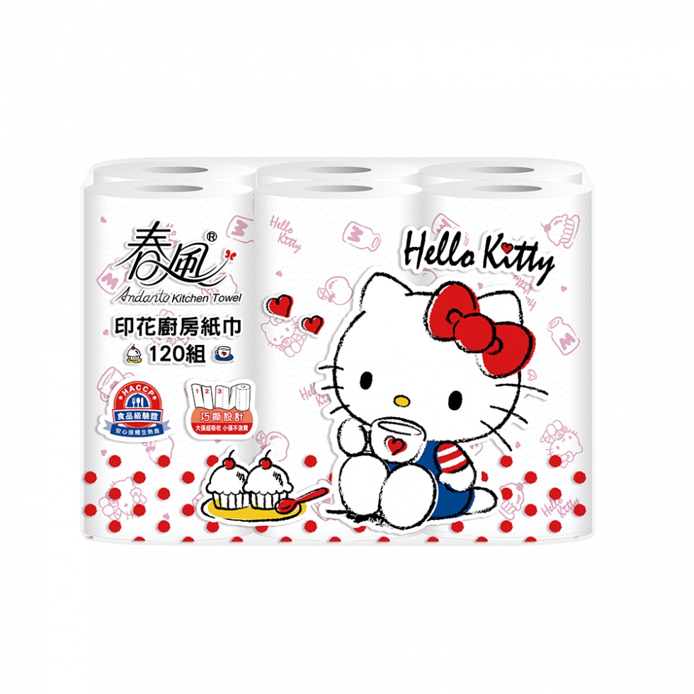 春風 印花 廚房紙巾 Kitty (120組/6捲/8串/箱)