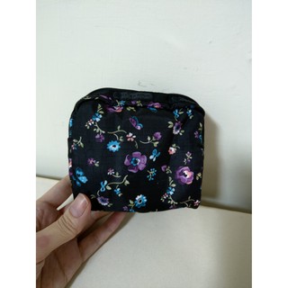 Lesportsac 小巧方形紫花化妝包 尼龍輕便收納包