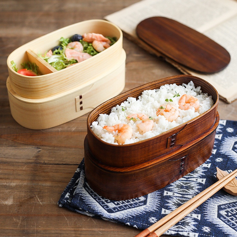 【新款】雙層木飯盒日本便當盒手工天然木製水果壽司盒餐具碗容器 KSMI