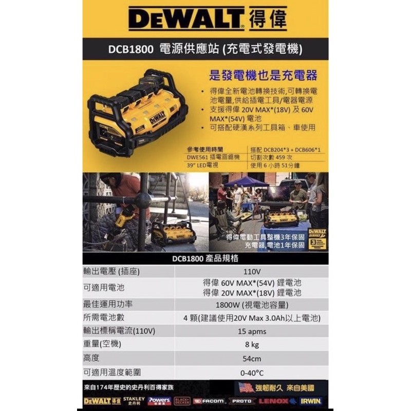 全新-美國 DEWALT 得偉 行動電源充電霸 DCB1800 鋰電池充電器 充電式發電機（台灣公司貨）含稅附發票