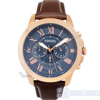 FOSSIL FS5068 IE手錶 灰藍面 玫瑰金框 咖啡色錶帶 44mm 男錶【錶飾精品】