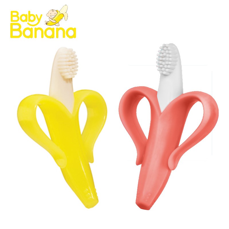 美國BABY BANANA Brush 心型香蕉牙刷 寶寶固齒器 (黃/珊瑚)