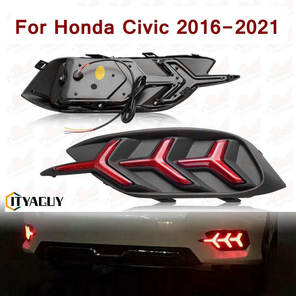 HONDA 一對 LED 反射器後保險槓尾燈保險槓剎車燈適用於 2016-2021 年本田思域轎車
