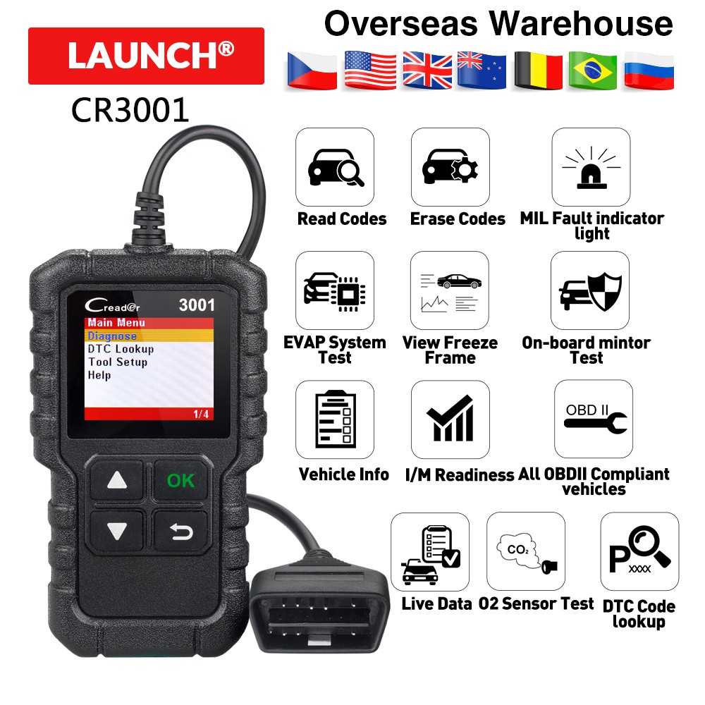 發射 X431 CR3001 全 OBD2 掃描儀 OBDII 發動機代碼讀取器汽車診斷工具多語言免費更新 PK CR3