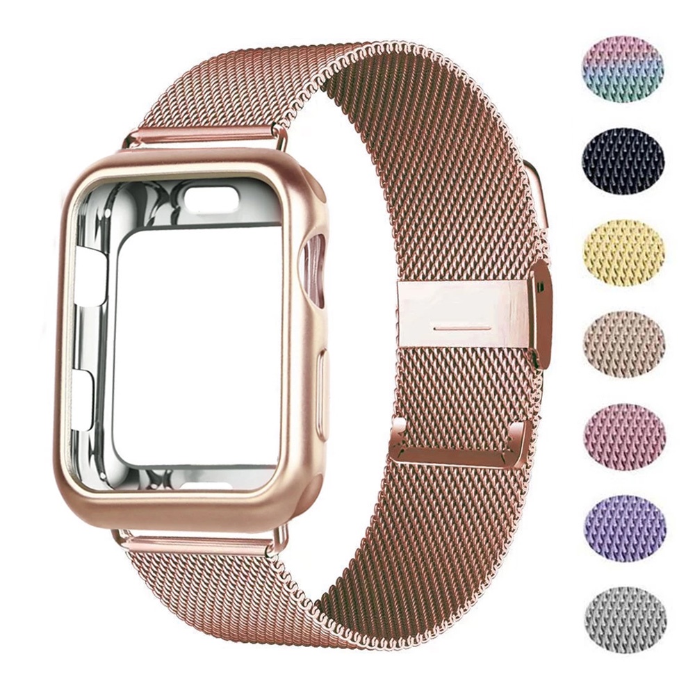 適用於蘋果手錶7錶帶 不鏽鋼 金屬腕帶 適用於 iWatch 7 SE 6 5 4 3 2 1代 + 保護外殼