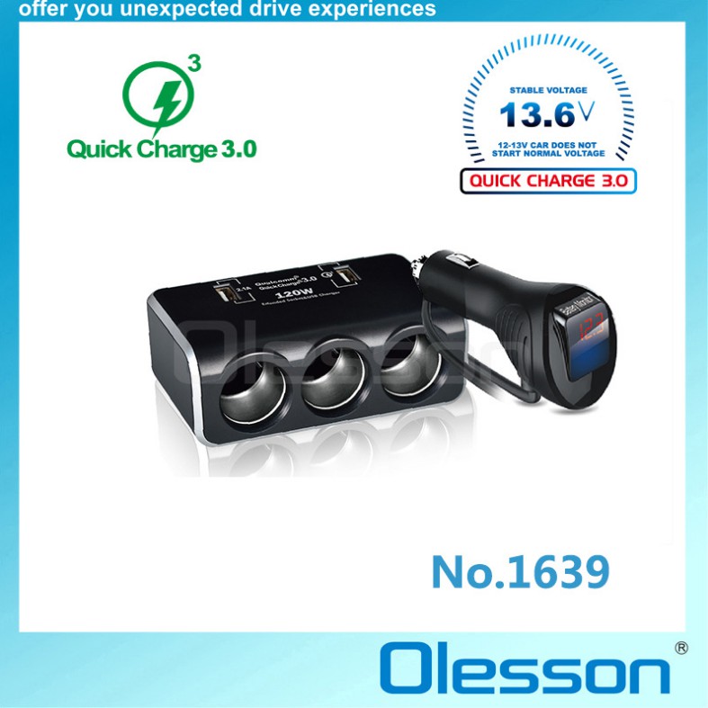 【小琪的店】olesson QC3.0車充車載快充雙USB一分三點煙器數顯車載充電器NO.1639