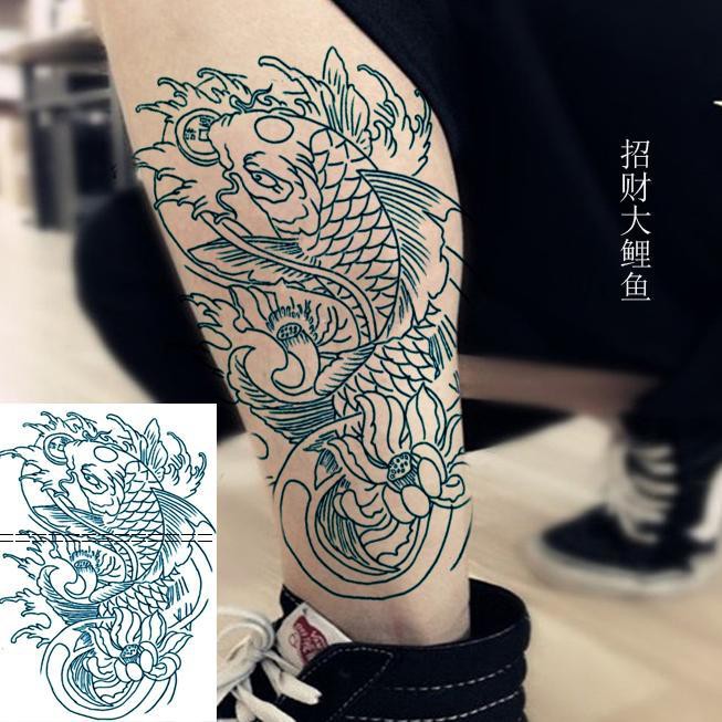 紋身貼紙 大圖社會 線條蓮花富貴魚防水紋身貼男女款持久錦鯉手臂花臂包小腿刺青 蝦皮購物