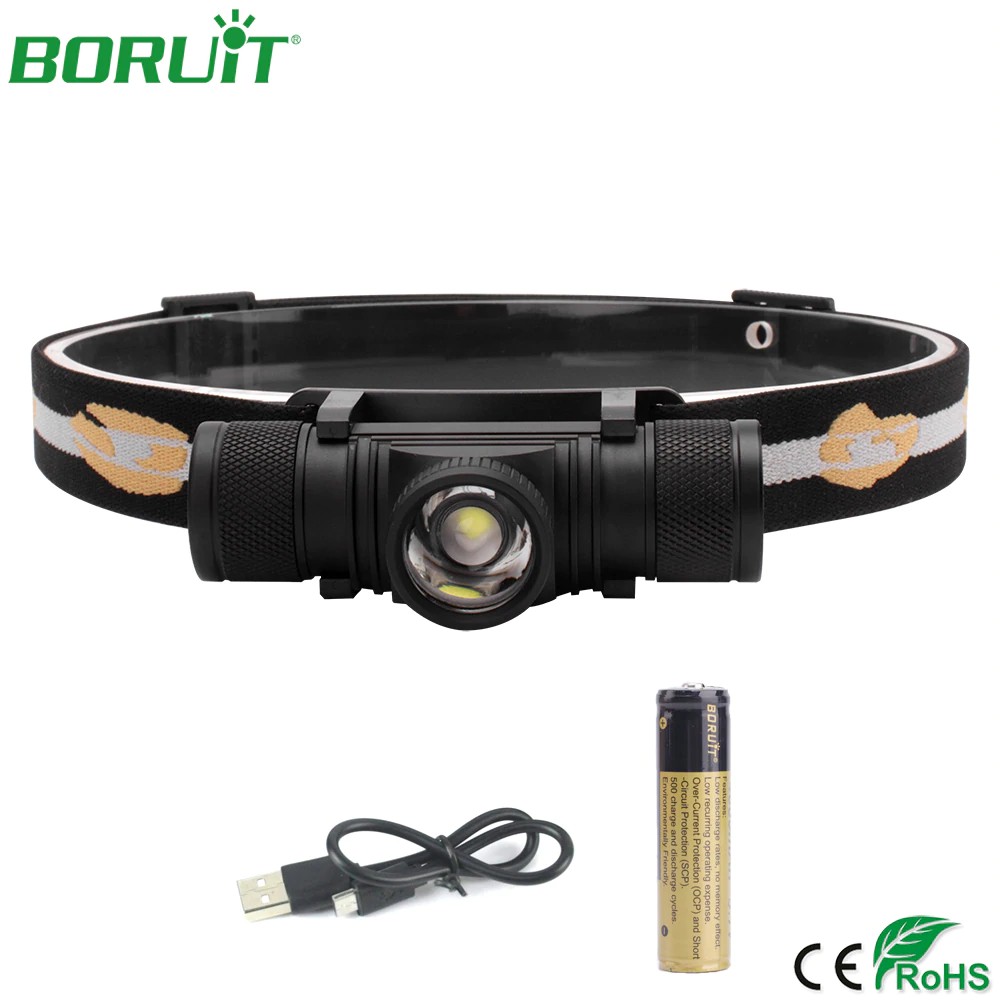 Boruit D20 可縮放 1000LM XM-L2 LED 迷你頭燈頭燈 USB 充電器 18650 電池頭電筒野營