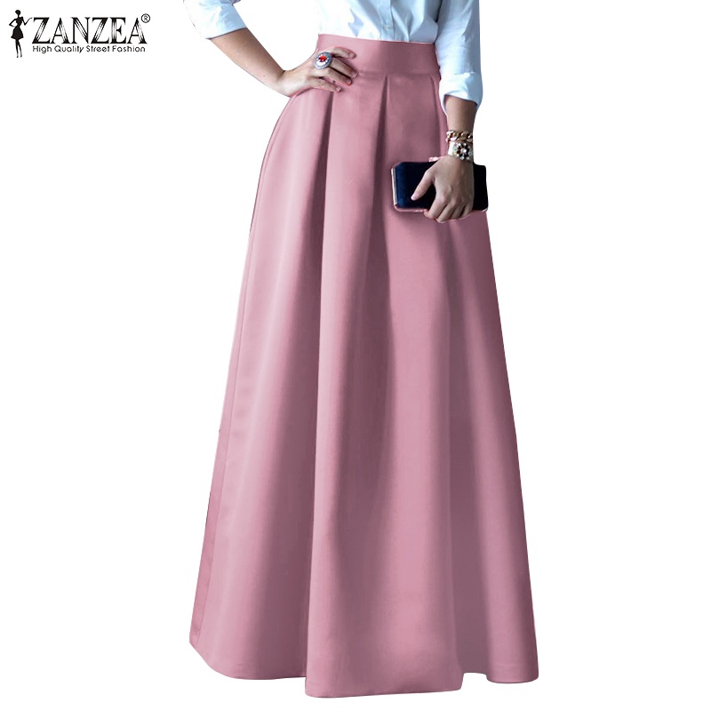 Zanzea 女士時尚緞面高腰 A 字型休閒後拉鍊純色長裙