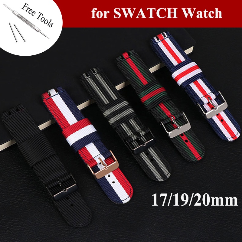 帆布尼龍錶帶 適配 SWATCH 斯沃琪錶帶更換 17mm 19mm 20mm 黑色針扣腕帶手鍊錶帶 男女士手錶錶帶