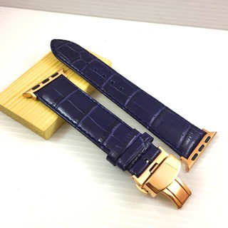Apple Watch 代用 牛皮 真皮 鱷魚格紋 寶藍 錶帶 玫瑰金蝴蝶釦 魚鱗紋 厚實好戴 38 40 42 44