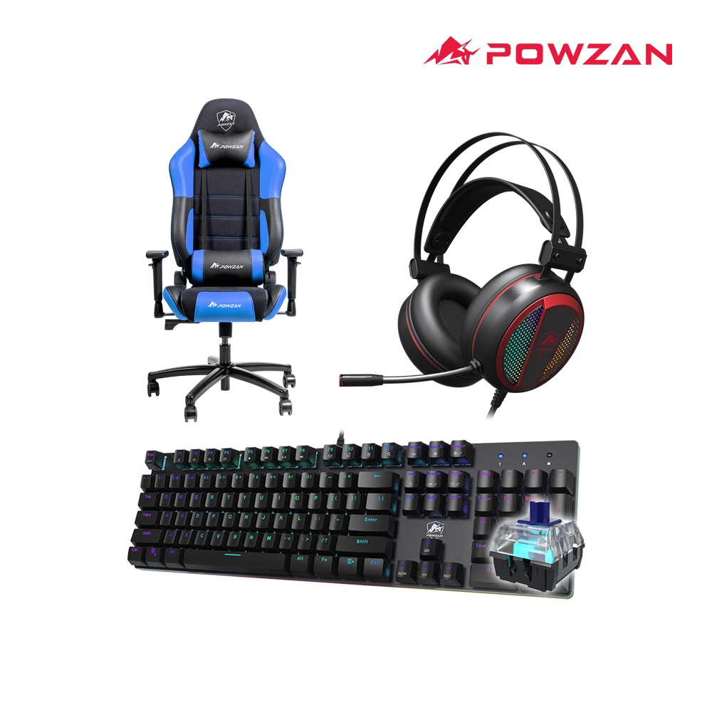 POWZAN CR-GC603黑藍電競椅+CK650 Stardust青軸鍵盤+SONAR CH400 RGB電競耳機
