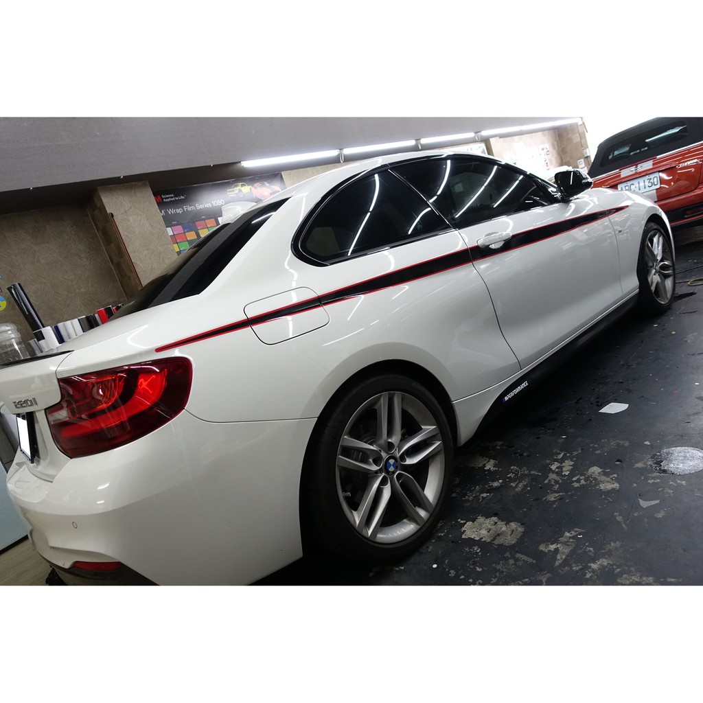 BMW 220I MPERFORMANCE腰線 車身拉線 側裙貼膜 尾翼貼膜 汽車彩貼 熏黑車燈 F22 M2 F36