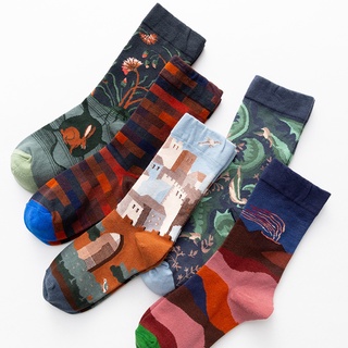 情侶襪 法國設計師款個性中筒襪子 塗鴉人像 彩色創意潮襪