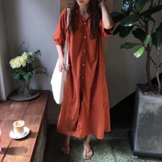 💜In march💜 |韓國 清新氧氣少女 極簡素色單排扣 褶皺領襯衫式洋裝