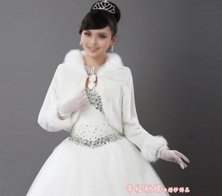 秋冬仿毛長袖有領綁帶毛球 新娘禮服批肩小外套 婚紗禮服小罩衫 米白色