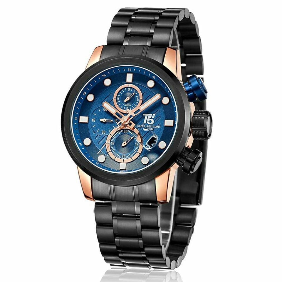 T5 豪華大錶盤手錶男多功能錶款 防水 夜光 潮流 男士多功能手錶 真三眼錶 金屬錶鋼帶 H3587