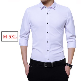 M-5XL 絲光棉彈力白襯衫男生長袖襯衫 修身韓版抗皺免燙商務襯衫 潮流絲滑內搭西裝襯衣