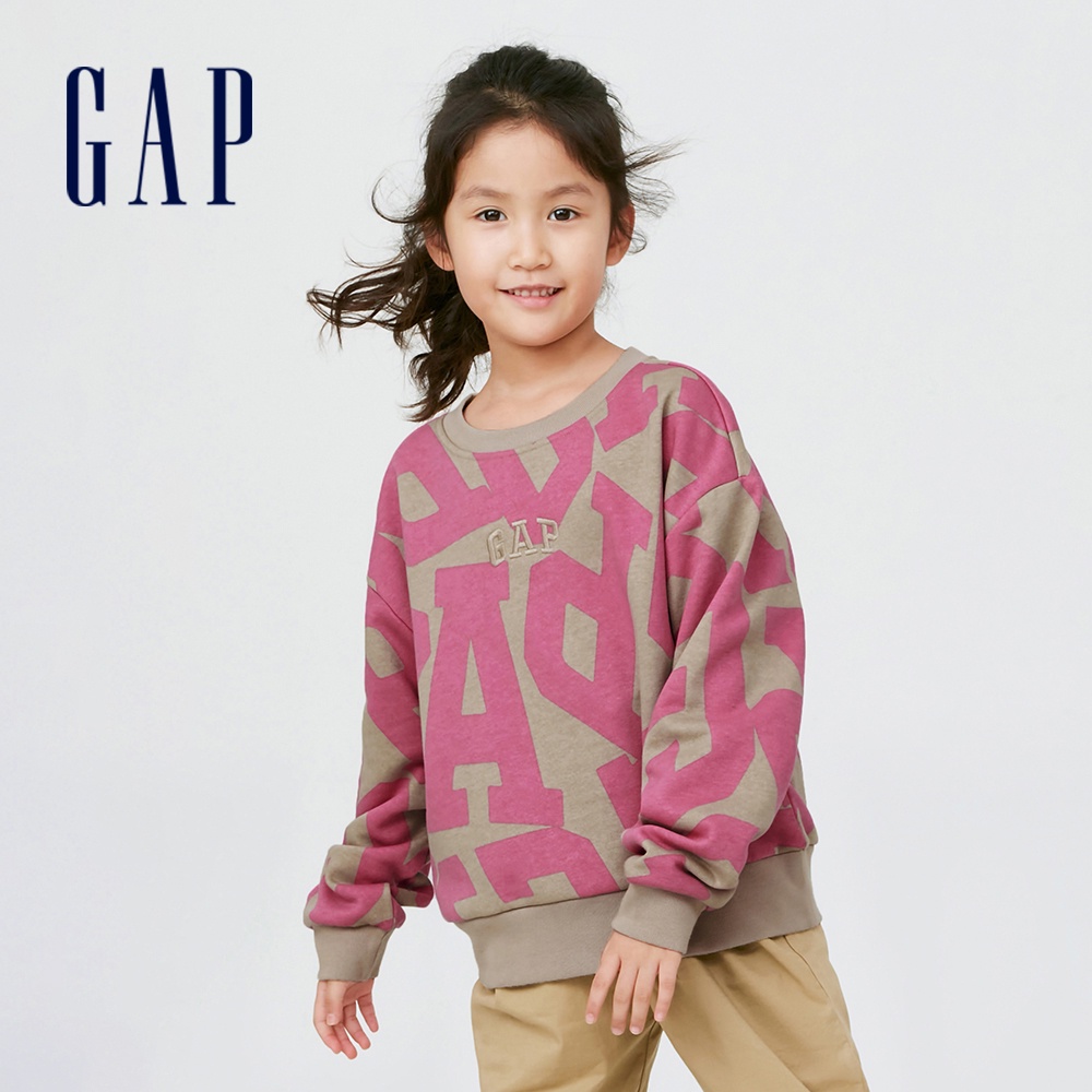 Gap 女童裝 Logo刷毛大學T 碳素軟磨系列-卡其色(457335)