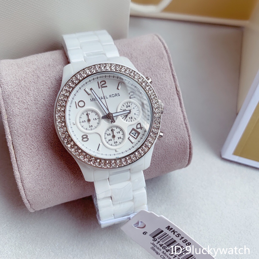女生手錶 大直徑手錶女 白色陶瓷手錶 時尚休閒女錶 三眼計時手錶 日曆防水石英錶 潮流鑲鑽手錶 女生腕錶 MK5188