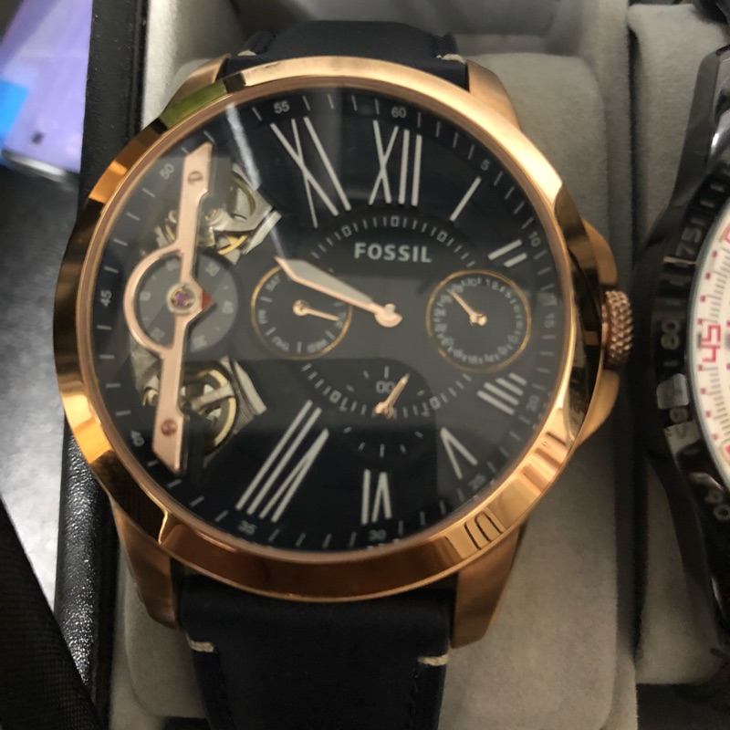 FOSSIL TWIST系列雙機芯日曆腕錶-藍x玫瑰金框/44mm ME1162