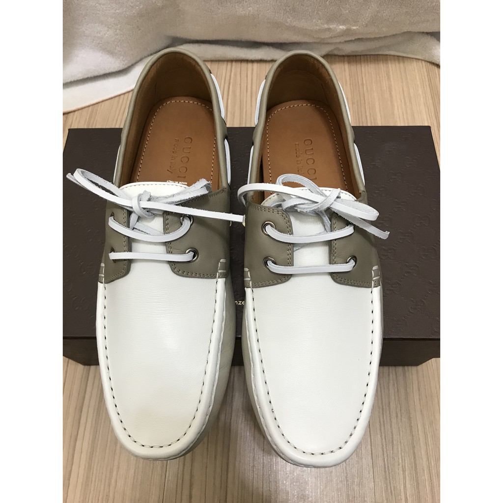 GUCCI 拼色灰白 綁帶懶人鞋 帆船鞋 休閒皮鞋 男款 歐碼10