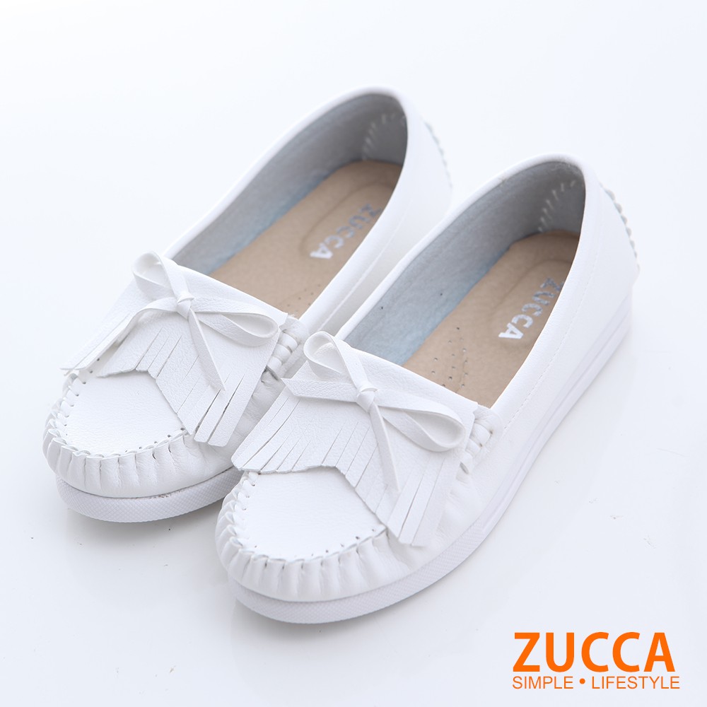 【ZUCCA】流蘇車縫朵結平底鞋-z6601we-白