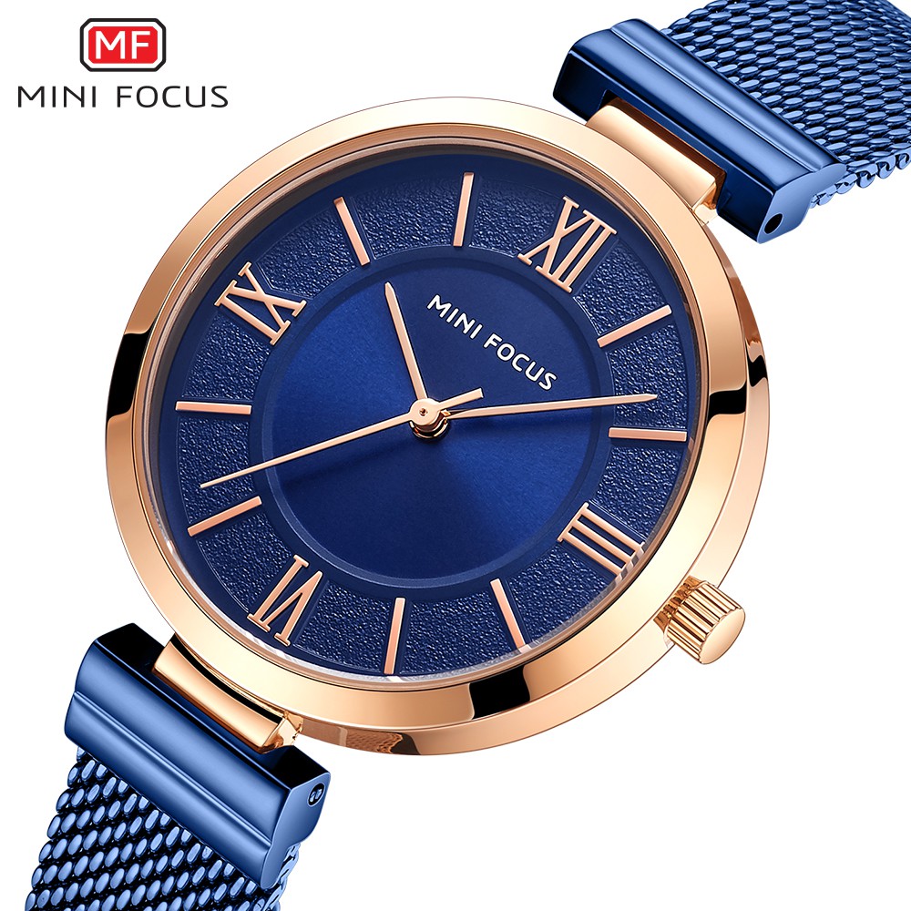 Minifocus 品牌簡約時尚藍色石英女士手錶奢侈品牌防水時尚女士手錶不銹鋼錶帶現貨 Jam Tangan Wanit