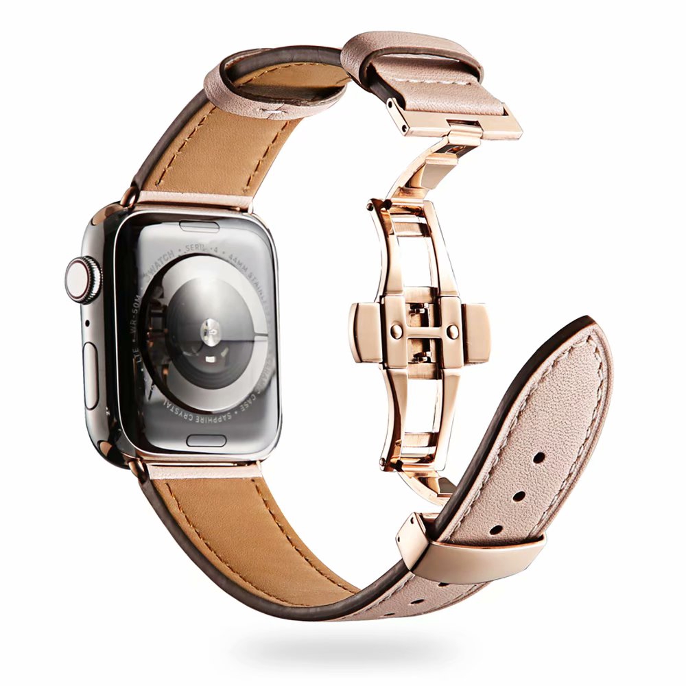 適用於Apple Watch蘋果真皮手錶帶 Iwatch Hermes 8 時尚蝴蝶扣表帶替換錶帶42/44mm玫瑰金扣