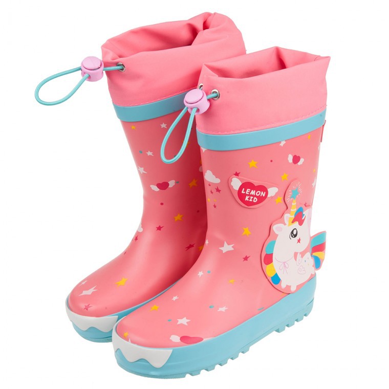 [兒童雨鞋](適合腳長14~17公分)3D立體獨角獸絢麗桃色束口款兒童橡膠雨鞋