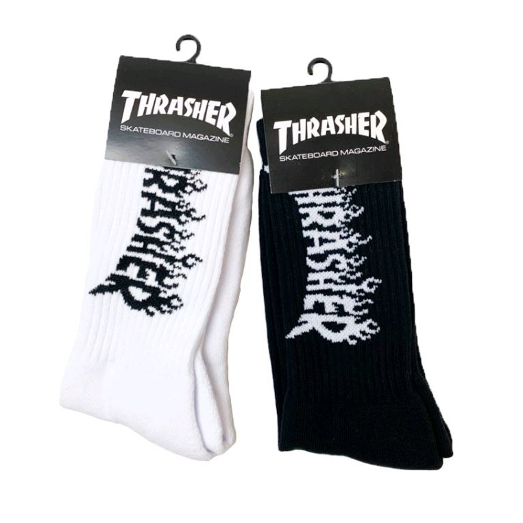 【GSELECT】THRASHER 日線 FLAME 火焰 logo 中筒 襪子 黑 白 襪 長襪