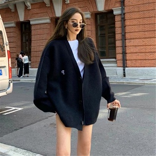 【特價】韓版長袖針織外套女 2022年秋冬外套上衣秋款針織衫 慵懶寬鬆中長款INS 風黑色小外套外套