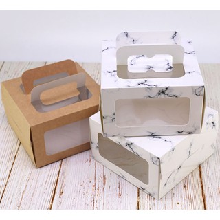 【QB'S SHOP】大理石 牛皮紙盒 開窗 紙盒 4吋 蛋糕盒 芝士蛋糕 烘焙包裝 手提盒 禮盒 包裝盒 提盒 禮物
