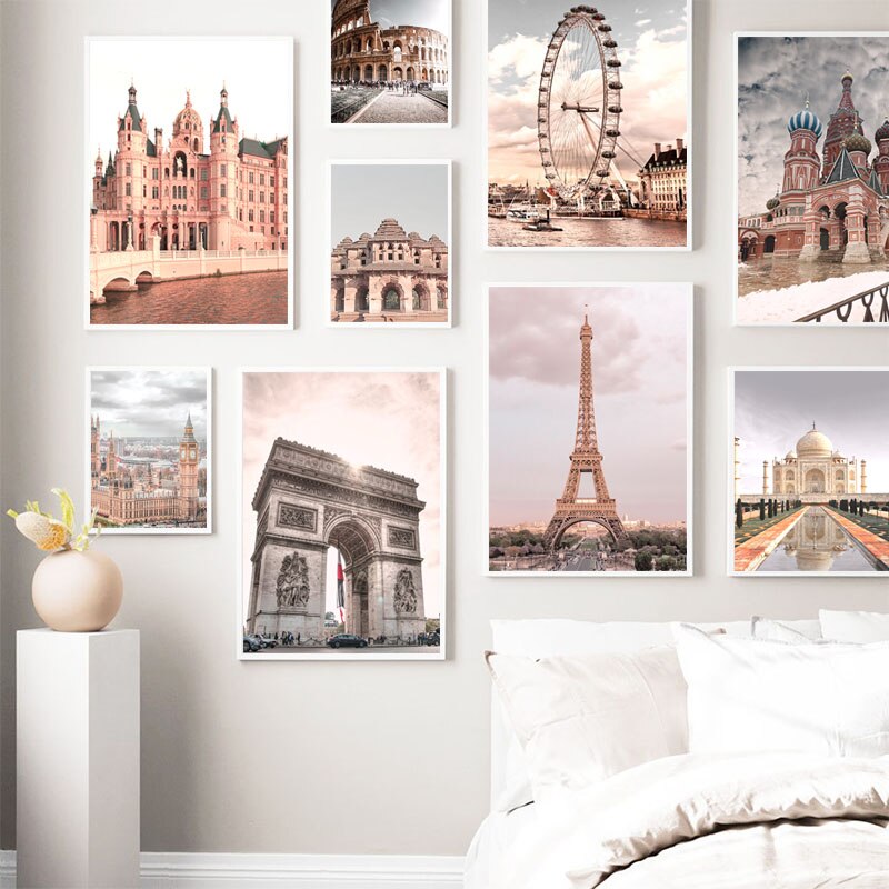 巴黎塔倫敦眼鬥獸場紅色方形牆藝術帆布繪畫北歐海報和版畫牆圖片客廳裝飾