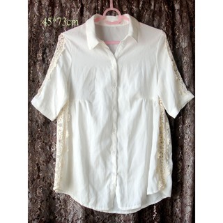 米白 雪紡紗 蕾絲 拼接長版襯衫 white