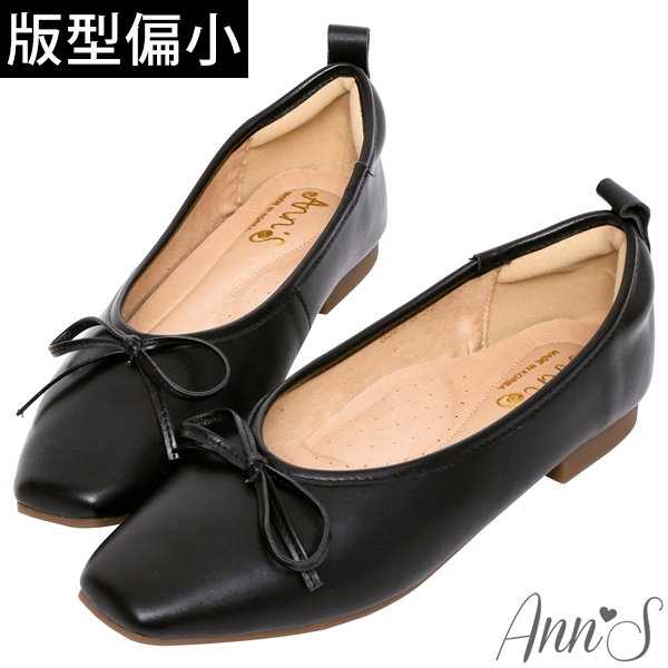 Ann’S法式平底鞋-柔軟全真皮蝴蝶結芭蕾小方頭鞋-黑(版型偏小)