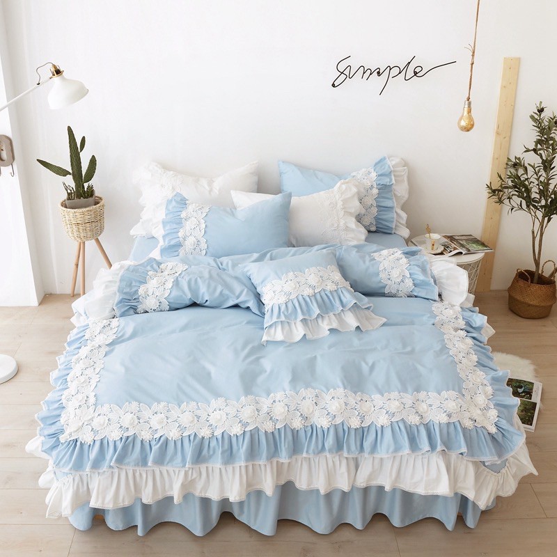 花漾 藍色 床裙組 床罩組 標準雙人 加大床罩 有隱藏床包 不滑動 精梳純棉