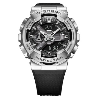 【CASIO 卡西歐】G-SHOCK 不鏽鋼拋光金屬錶圈工業風雙顯錶-銀(GM-110-1A 世界時間)